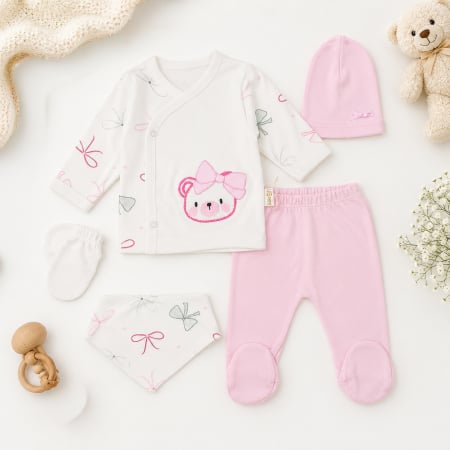 Seturi fetite - Set 5 piese pentru Nou Nascuti fetite, Model Ursuleț Roz