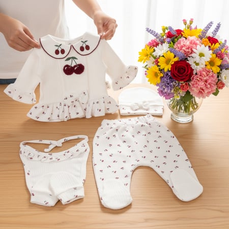 Imbracaminte nou-nascuti - Set 5 piese pentru Nou Nascuti fetite, Model Ciresele, alb