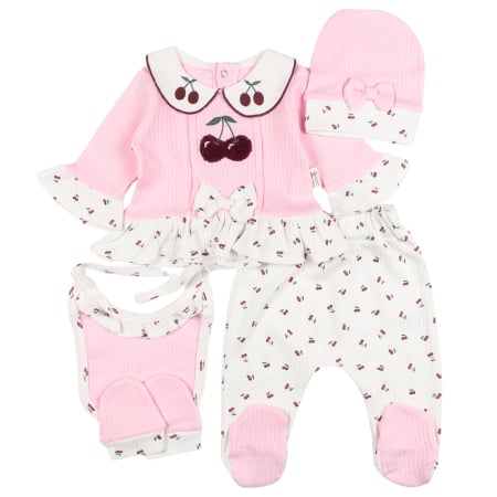 Imbracaminte nou-nascuti - Set 5 piese pentru Nou Nascuti fetite, Model Ciresele roz