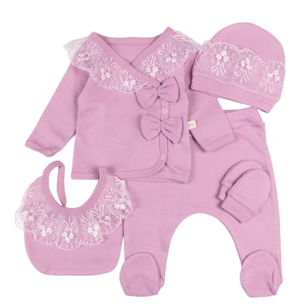Imbracaminte nou-nascuti - Set 5 piese pentru Nou Nascuti fetite, Model Dantela, culoare mov