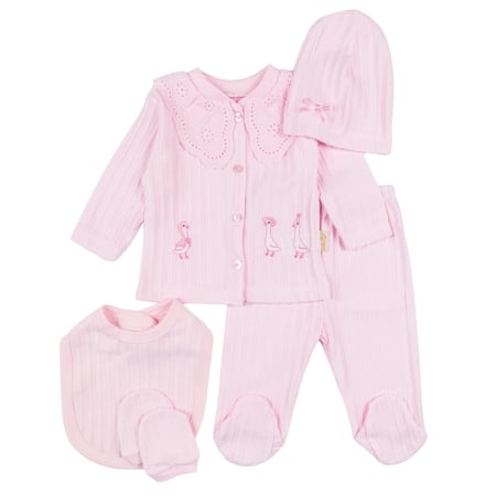 Haine bebelusi fete - Set 5 piese pentru Nou Nascuti, Bumbac Striat, Roz cu Broderie