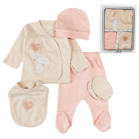 Haine bebelusi fete ❤️ - Set 5 piese pentru Nou Nascuti, Model Iepuras, Coral