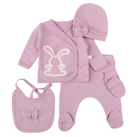 Haine bebelusi fete - Set 5 piese pentru Nou Nascuti fetite, Model Iepuras, mov