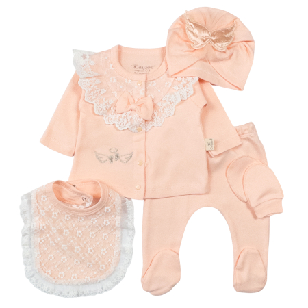 Seturi fetite - Set 5 piese pentru Nou Nascuti fetite, Model Ingeras, coral