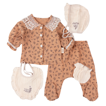 Haine bebelusi fete ❤️ - Set 5 Piese Nou-Născuți Fetițe, Stil Vintage Floral, Caramel