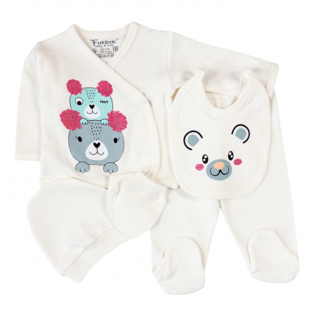 Haine bebelusi fete - Set 5 piese pentru nou nascuti fetite, model ursuleti, alb