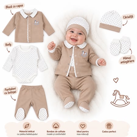 Imbracaminte nou-nascuti ❤️ - Set 5 piese pentru nou nascuti, model Căluț de Poveste