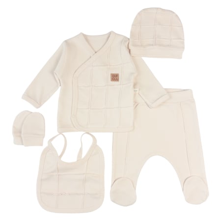 Compleuri bebelusi baieti - Set 5 piese pentru nou nascuti, model cu Design în Carouri Reliefate, Bej Deschis
