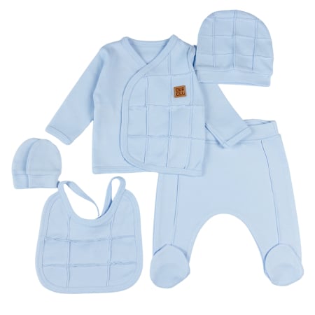 Compleuri bebelusi baieti - Set 5 piese pentru nou nascuti, model cu Design în Carouri Reliefate, Bleu