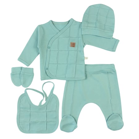 Compleuri bebelusi baieti - Set 5 piese pentru nou nascuti, model cu Design în Carouri Reliefate