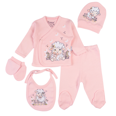 Imbracaminte nou-nascuti ❤️ - Set 5 piese pentru nou nascuti, model cu imprimeu oiță, roz