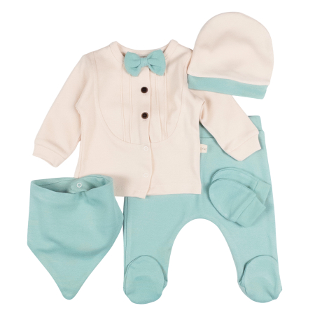 Compleuri bebelusi baieti - Set 5 piese pentru nou nascuti, model cu Papion, vernil