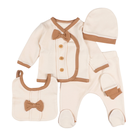 Compleuri bebelusi baieti - Set 5 piese pentru nou nascuti, model cu Papion, bej