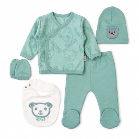 Imbracaminte nou-nascuti ❤️ - Set 5 piese pentru nou nascuti, model cu Ursuleti, safir