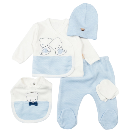 Compleuri bebelusi baieti - Set 5 piese pentru nou nascuti, model cu Ursuleti, albastru deschis