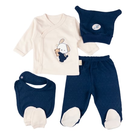Imbracaminte nou-nascuti ❤️ - Set 5 piese pentru nou nascuti, Model Iepuraș, Bleumarin