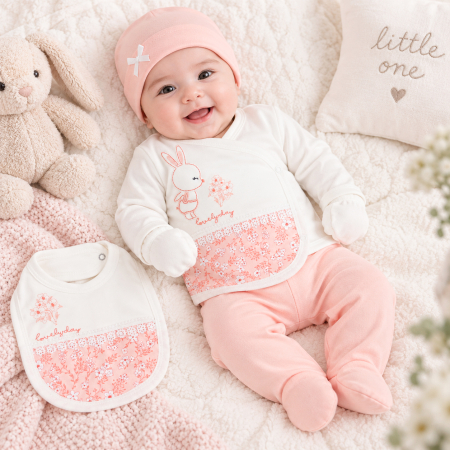 Seturi fetite - Set 5 piese pentru nou nascuti, model Iepuras