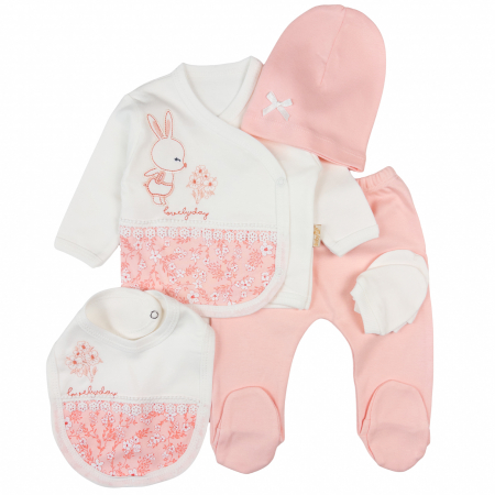 Seturi fetite - Set 5 piese pentru nou nascuti, model Iepuras