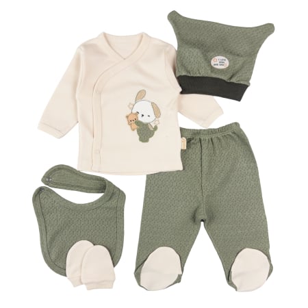 Imbracaminte nou-nascuti ❤️ - Set 5 piese pentru nou nascuti, Model Iepuraș, Verde Salvie/Bej
