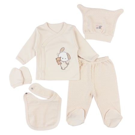 Compleuri bebelusi baieti - Set 5 piese pentru nou nascuti, Model Iepuraș, Bej