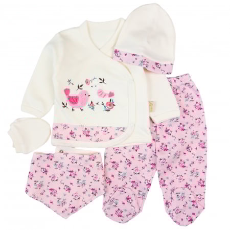 Seturi fetite - Set 5 piese pentru nou nascuti cu imprimeu floral și păsărele, roz
