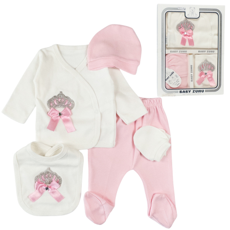 Haine bebelusi fete ❤️ - Set 5 Piese Nou-Născuți, model cu Coroniță și Fundiță Roz