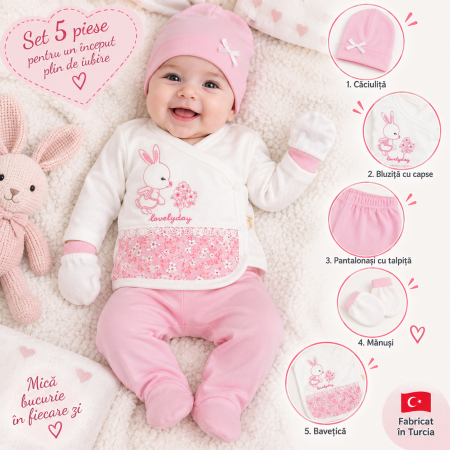 Haine bebelusi fete ❤️ - Set 5 piese pentru nou nascuti, model Iepuras, culoare roz