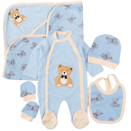 Black Friday - Set 5 piese pentru nou nascuti, model Ursuleti, Bleu