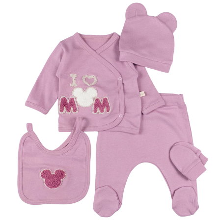 Seturi fetite - Set 5 piese pentru nou nascuti, model LoveMom, mov