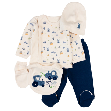 Haine bebelusi baieti - Set 5 piese pentru nou nascuti, bleumarin, model "Micul Explorator"