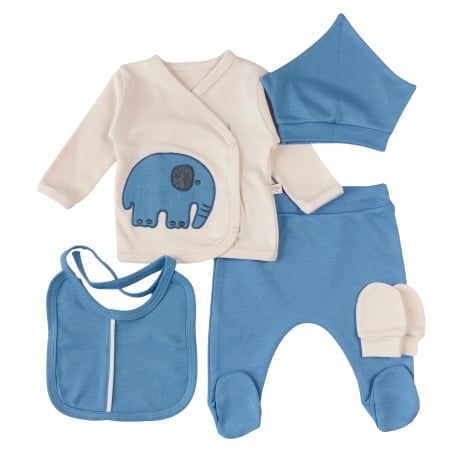 Compleuri bebelusi baieti - Set 5 piese pentru nou nascuti, Model Elefantel, Bej/Albastru