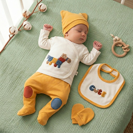 Haine bebelusi baieti ❤️ - Set 5 piese pentru nou nascuti, model Ponei, Galben