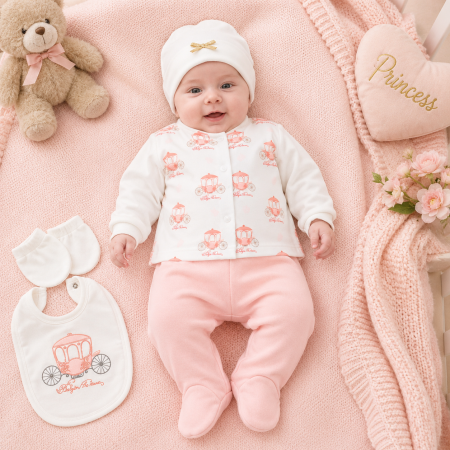 Imbracaminte nou-nascuti ❤️ - Set 5 Piese pentru Nou-Născuți, Tematică Trăsură Regală, Roz Coral