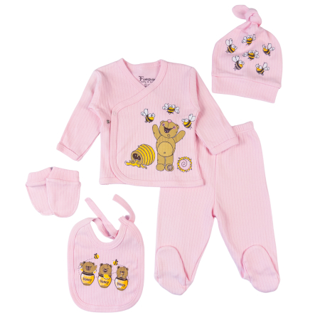 Imbracaminte nou-nascuti ❤️ - Set 5 piese roz pentru nou nascuti, Model Ursuleț cu Miere
