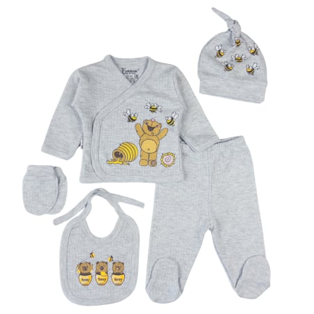 Imbracaminte nou-nascuti ❤️ - Set 5 piese turcoaz pentru nou nascuti, Model Ursuleț cu Miere, Gri deschis