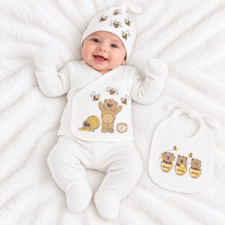 Imbracaminte nou-nascuti ❤️ - Set 5 piese turcoaz pentru nou nascuti, Model Ursuleț cu Miere, alb