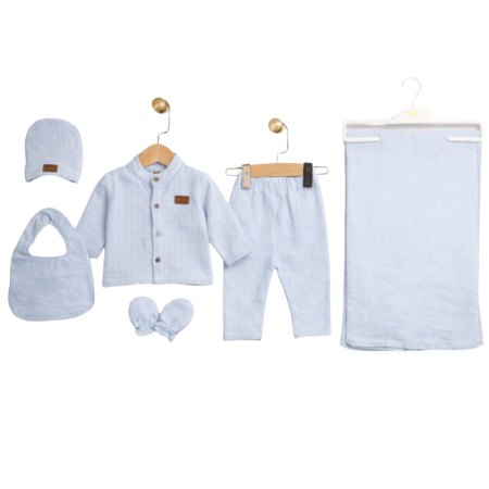 Haine bebelusi baieti ❤️ - Set 6 piese pentru Nou Nascuti, Muselina Bleu