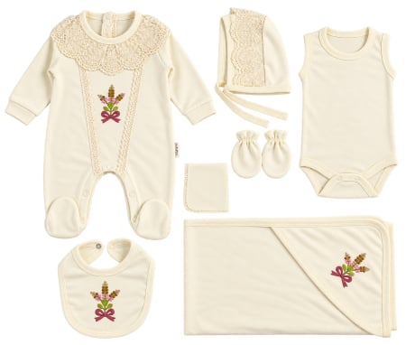 Seturi fetite - Set 7 piese pentru Nou Nascuti, model Bej Floral