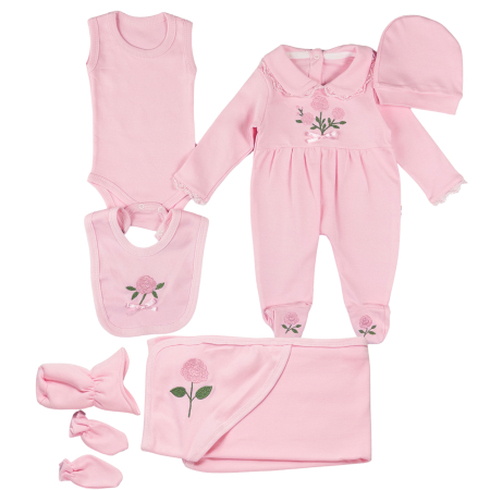 Imbracaminte nou-nascuti ❤️ - Set Esențial 7 Piese Fetițe, Roz Floral, Bumbac Moale