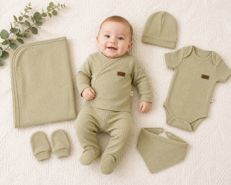 Haine bebelusi baieti ❤️ - Set 7 piese pentru Nou Născuti, Verde Salvie