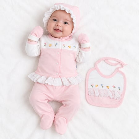 Imbracaminte nou-nascuti ❤️ - Set 5 piese pentru nou nascuti fetite, cu danteluță și floricele brodate
