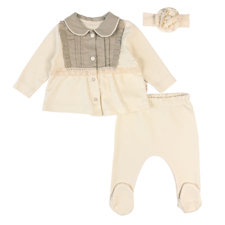 Haine bebelusi fete ❤️ - Set Elegant pentru Nou Nascuti si Bebelusi Fete, 3 Piese, Bluzita cu Guler Gri si Insertii de Dantela