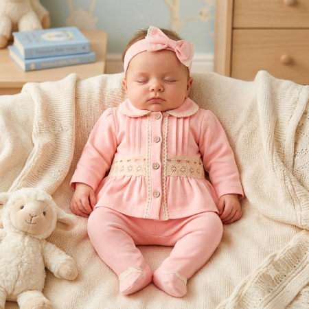 Imbracaminte nou-nascuti ❤️ - Set Elegant 3 Piese pentru Nou-Născuți, Dantelă și Bentiță, Roz Piersică