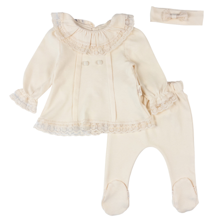 Imbracaminte nou-nascuti ❤️ - Set Elegant pentru nou-născut fetiță, 3 piese, Bej deschis