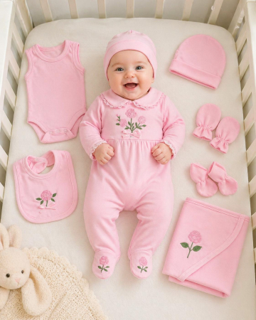 Haine bebelusi fete ❤️ - Set Esențial 7 Piese Fetițe, Roz Floral, Bumbac Moale