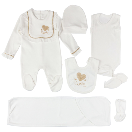 Haine bebelusi fete ❤️ - Set Esențial 7 Piese Nou-Născuți Fetițe, Broderie Inimioară 'Love', Alb/Auriu