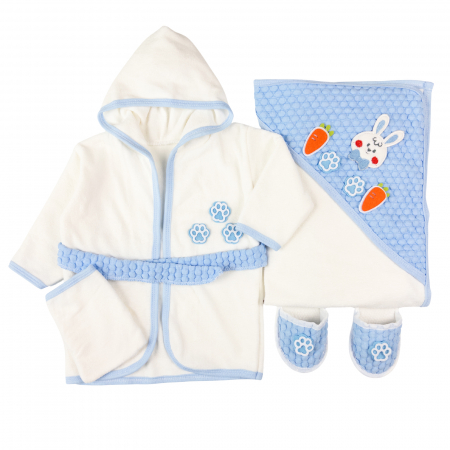 Botosi, sosete, dresuri, caciuli - Set Halat, Prosop si papucei de baie pentru bebelusi, model Iepuras blue, 0-1 an