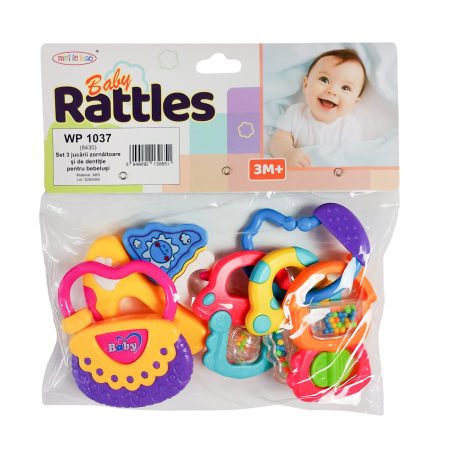 Jucarii zornaitoare - Set 3 jucarii zornaitoare cu forme inovatoare, multicolore, + 3 luni