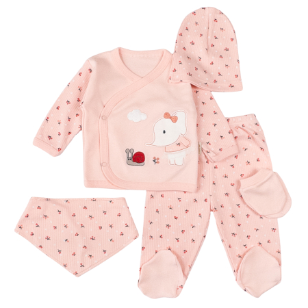 Haine bebelusi fete ❤️ - Set nou nascuti fetite, 5 piese, model Elefantel, roz coral
