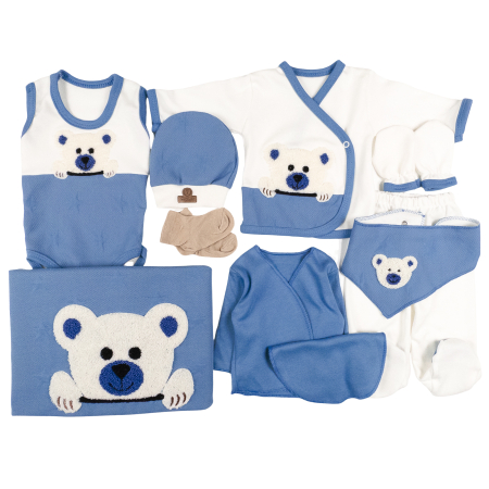 Haine bebelusi baieti - Set pentru nou nascuti, 10 piese, model Ursulet, Albastru